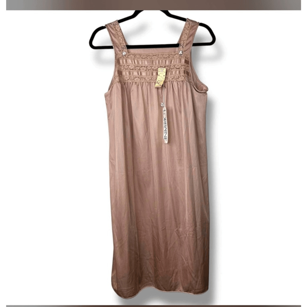 Vintage 80s Lorraine Women’s Small Brown Lace Nylon Nightgown Dress Sleepwear